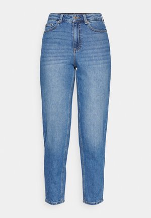 Jean en denim bleu avec une taille haute, coupe droite et décolorations subtiles. Style classique à cinq poches avec fermeture à bouton.