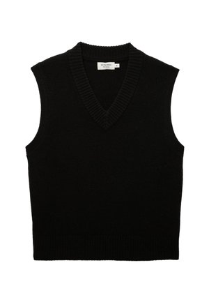 Pull sans manches noir avec encolure en V, bordures côtelées au niveau du col et de l'ourlet. Fabriqué en matériau doux, il présente une couleur unie sans motifs.