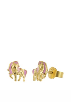 Goldfarbene Ohrstecker in Einhornform mit rosa Emaille-Details an Mähne und Schweif, einer vorne und einer von der Seite gezeigt.