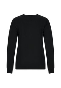 Czarny długi rękaw bluza z okrągłym dekoltem, wykonana z miękkiego materiału, z prążkowanymi mankietami i dolnym wykończeniem, gładka konstrukcja bez widocznych wzorów.