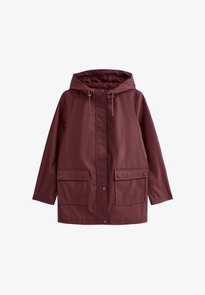 Bordowa wodoodporna kurtka z kapturem, z zatrzaskami, dwiema przednimi kieszeniami i gładką fakturą. Posiada akcenty ze sznurkiem do regulacji.