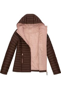 Bruine pufferjas met horizontale stiknaden, een capuchon en een zachte roze voering; beschikt over een ritszak en geribde manchetten.