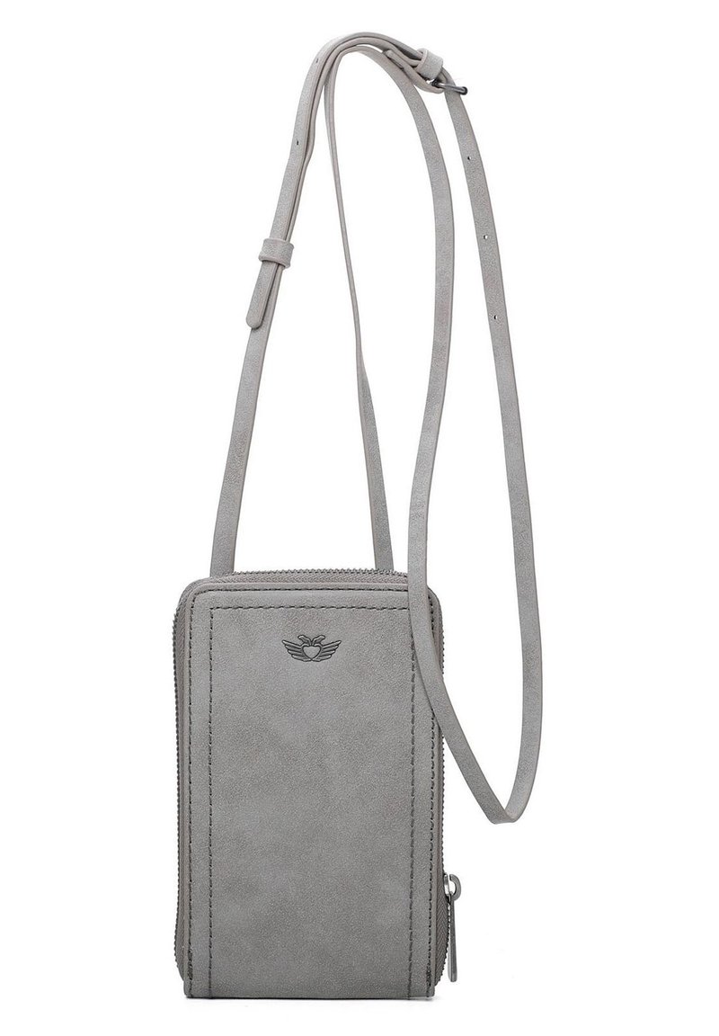 Šedá semišová crossbody taška s nastavitelným popruhem, zipovým uzavřením a decentním logem na přední straně. Obdélníkový tvar s prošívanými detaily.