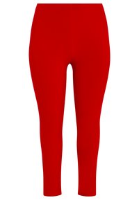 Leggings rouges en tissu extensible avec une texture lisse, un design ajusté, et sans coutures ni ornements visibles.