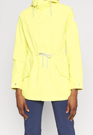 Yellow waterproof jacket with a drawstring waist, snap buttons, and two side pockets. Features a hood and textured fabric for breathability.