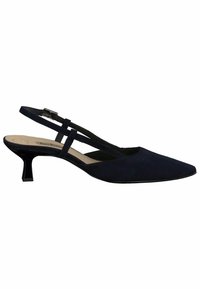 Scarpa slingback blu navy con punta affusolata, realizzata in suede, caratterizzata da una sottile cinghia e un tacco a blocco di 5 cm. Texture liscia senza motivi.