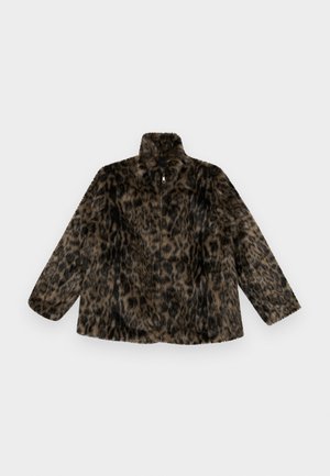 Giacca con zip in pelliccia sintetica nei colori marrone e nero con stampa leopardata; presenta un colletto alto e una vestibilità ampia con maniche lunghe e larghe.