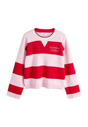 Langärmeliger Strickpullover mit breiten horizontalen roten und pinken Streifen und dem Schriftzug „California Athletics“ auf der Brust, mit gerippten Bündchen und Halsausschnitt.