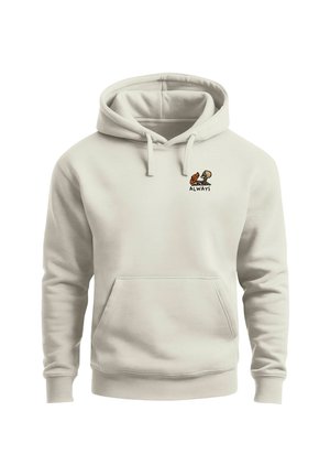Hellbeiger Hoodie mit Kängurutasche, Kordelzugkapuze und besticktem Motiv mit dem Schriftzug "ALWAYS" sowie Cartoonfiguren.