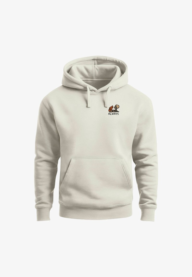 Light beige hoodie featuring a kangaroo pocket, drawstring hood, and embroidered graphic with the text "ALWAYS" and cartoon characters.