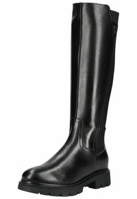Bottes noires en cuir jusqu'aux genoux avec une finition lisse, semelle en caoutchouc et des détails cousus sur les côtés ; présente un design à molet large.
