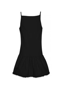 Vestido negro sin mangas con un cuerpo ajustado y un dobladillo acampanado con volantes. Hecho de tejido ligero; textura suave y diseño minimalista.