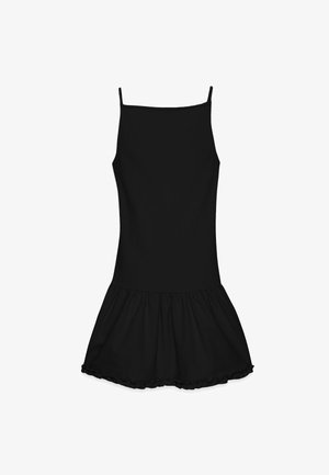 Vestido negro sin mangas con un cuerpo ajustado y un dobladillo acampanado con volantes. Hecho de tejido ligero; textura suave y diseño minimalista.