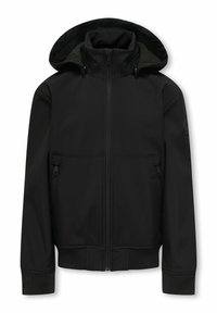 Črna zunanja jakna z zadrgo in kapuco, z dvema sprednjima žepoma na zadrgo ter rebrastimi manšetami in robom. Gladka tekstura tkanine.