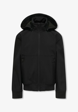 Veste d'extérieur noire avec fermeture éclair et capuche, dotée de deux poches zippées à l'avant et de poignets et d'un ourlet côtelés. Texture de tissu lisse.