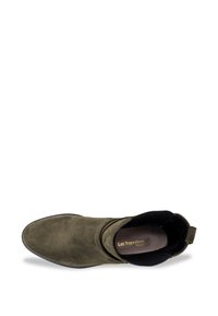 Olive green suede ankle boot with elastic side panel and smooth rounded toe; features a pull tab at the back and a cushioned insole.