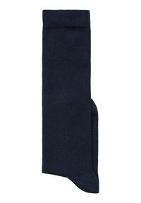 Tumši zila zeķe, izgatavota no ribota auduma, ar vienkāršu dizainu un bezšuvju pirkstu daļu. Augšdaļa ir saliekta, radot apmales izskatu.