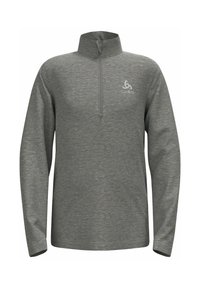 Grijze pullover met lange mouwen en een half-rits kraag, met een gestructureerde afwerking. Bevat een klein logo op de borst voor branding.