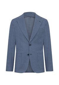 Lys blå struktureret blazer med skræddersyet pasform, notch-lapper, to frontlommer og enkeltknaplukning; ternet mønster hele vejen igennem.