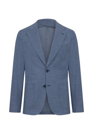 Blazer texturé bleu clair avec une coupe ajustée, des revers crantés, deux poches avant et une fermeture à un bouton ; motif à carreaux sur l'ensemble.