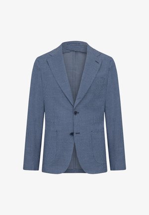 Světle modrý texturovaný blejzr s upraveným střihem, klopami s výřezem, dvěma předními kapsami a zapínáním na jeden knoflík; celoplošný kostkovaný vzor.