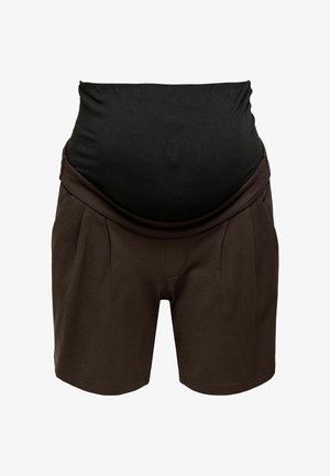 Graviditetsshorts med elastisk sort taljebånd og brune plisserede shorts designet til komfort og støtte.