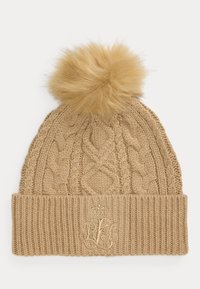 EMBROIDERED POM POM CABLE KNIT BEANIE - Beanie - birch tan