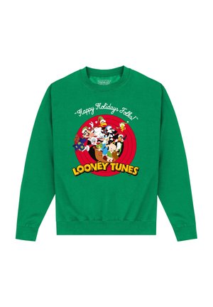 Green sweatshirt featuring "Happy Holidays Folks!" text and Looney Tunes characters on a red circular background, made of soft cotton material.