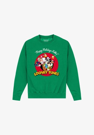 Grøn sweatshirt med teksten "Glædelige helligdage folk!" og Looney Tunes figurer på en rød cirkulær baggrund, lavet af blødt bomuldsstof.