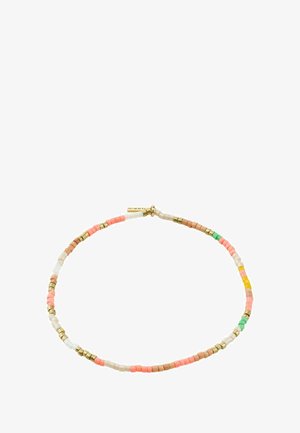 Kralenketting met meerkleurige plastic kralen in roze, wit en groen, afgewisseld met metalen accenten in goudkleur, in een afgeronde vorm.