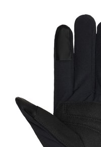 Guanti neri con un corpo in tessuto morbido e dettagli in pelle nera sulle punte delle dita, caratterizzati da una forma curvata e cuciture decorative.
