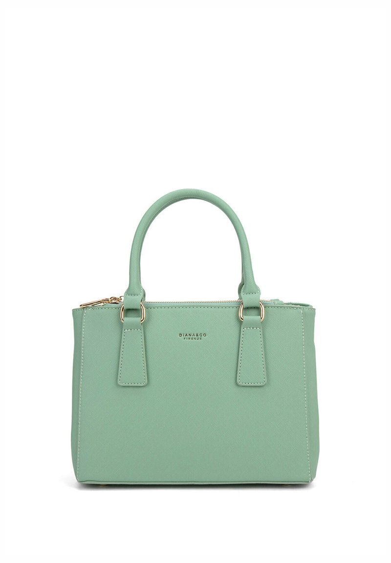 Borsa a mano verde strutturata realizzata in materiale sintetico testurizzato, con due manici corti e chiusura a zip, arricchita da dettagli in metallo color oro.