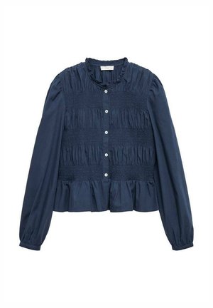 Blusa blu navy con maniche lunghe, colletto arricciato, parte anteriore smockata e chiusura con bottoni. Presenta un orlo svasato e dettagli in tessuto testurizzato.