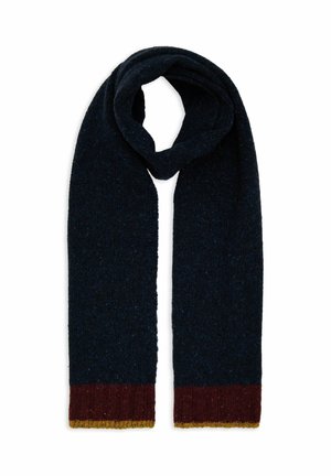 Sciarpa lavorata a maglia blu marino con finitura testurizzata, bordi color bordeaux e oro. Lunga e avvolgente per calore, con motivi di fili variabili.