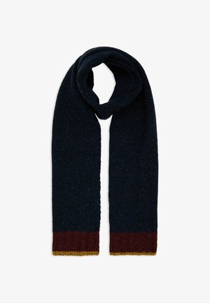 Sciarpa lavorata a maglia blu marino con finitura testurizzata, bordi color bordeaux e oro. Lunga e avvolgente per calore, con motivi di fili variabili.