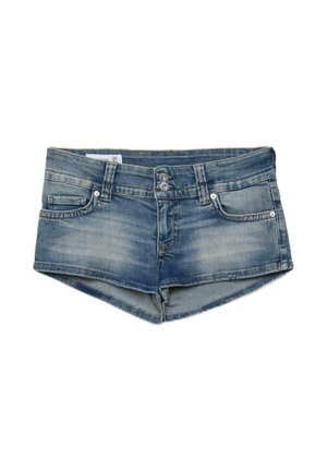 Shorts en denim bleu avec fermeture à double bouton, poches avant et détails d’habillage subtils sur un fond blanc.