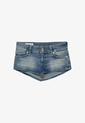 Shorts en denim bleu avec fermeture à double bouton, poches avant et détails d’habillage subtils sur un fond blanc.