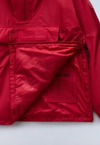 Κόκκινο αδιάβροχο μπουφάν με λεία, γυαλιστερή υφή, ρυθμιζόμενο κουκούλα και εσωτερική τσέπη με εκτυπωμένες ετικέτες που περιγράφουν τα βασικά χαρακτηριστικά.