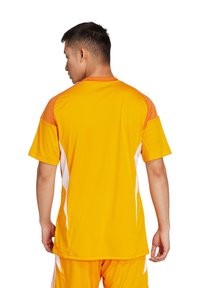 Oranges Sporttrikot mit weißen Seitenpaneelen, kurzen Ärmeln und einem runden Kragen, aus leichtem, atmungsaktivem Material.