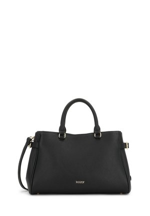 Čierna kožená kabelka s textúrovaným povrchom, dvojitými hornými uchami, odnímateľným ramenným popruhom a zlatistým logom na prednej strane.