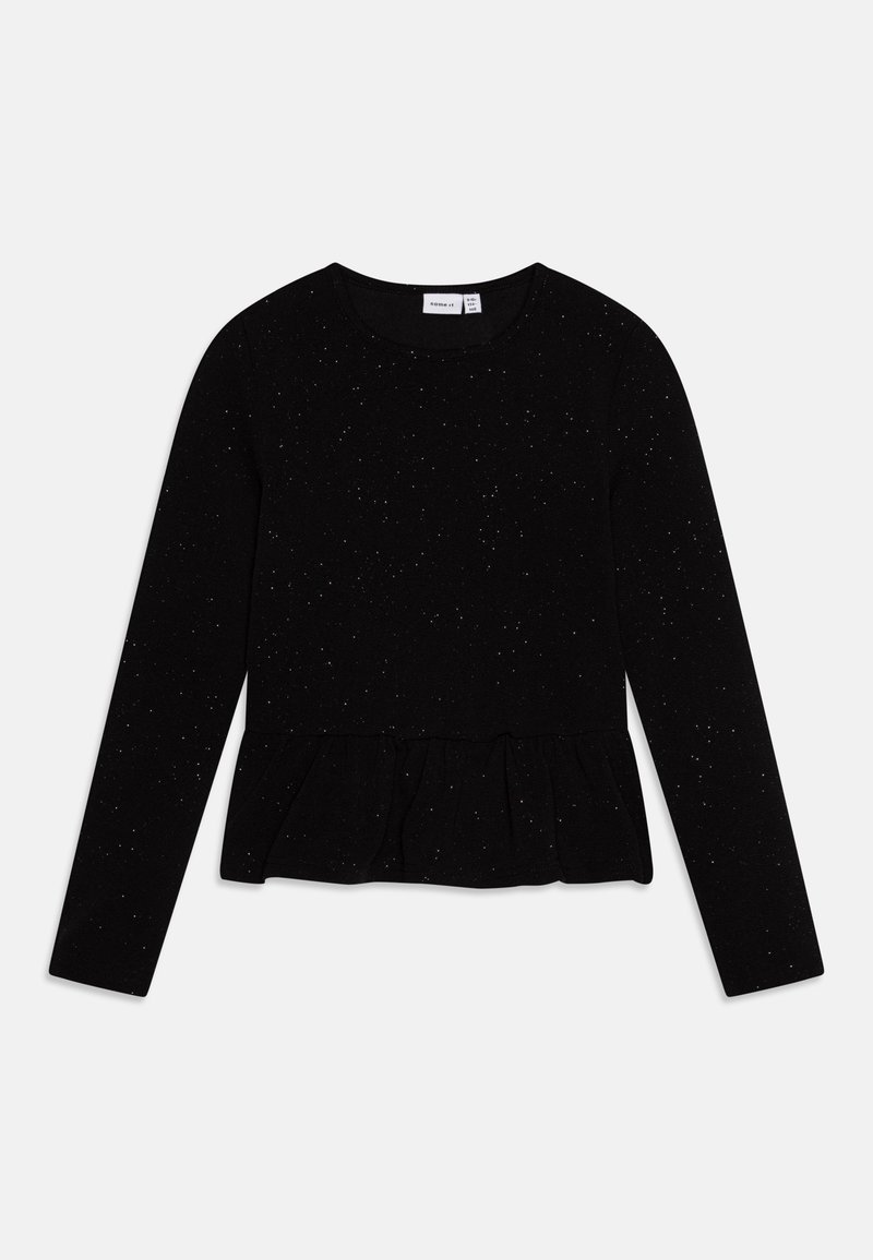 Schwarzes Langarmshirt aus weichem Material, mit einem gerafften Saum und metallischen Flecken für zusätzliche Textur und Details.