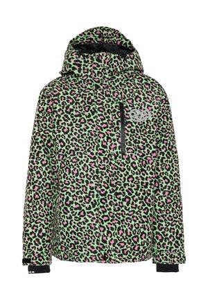Green and black leopard print jacket with pink accents, featuring a hood, front zip pocket, and elastic cuffs. Soft, padded texture.