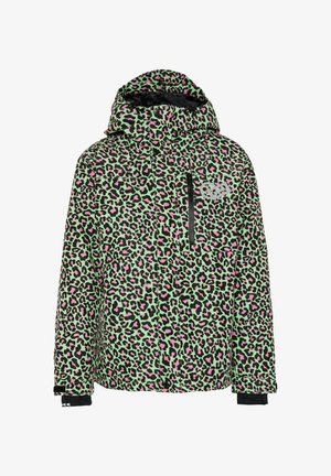 Green and black leopard print jacket with pink accents, featuring a hood, front zip pocket, and elastic cuffs. Soft, padded texture.
