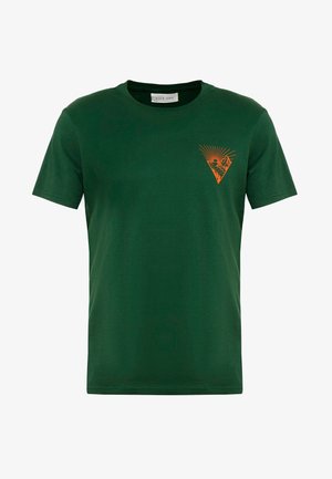 Green cotton t-shirt featuring short sleeves and a round neck, with an orange triangular graphic design on the left chest area.