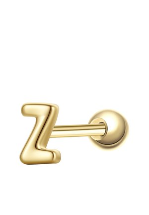 Goldfarbener Metallohrring mit z-förmiger Vorderseite, befestigt an einem geraden Stecker mit rundem Rückverschluss auf weißem Hintergrund.