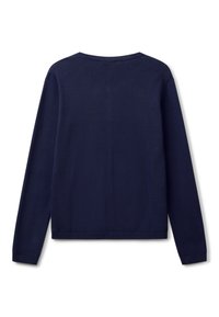 Krémový svetr s dlouhými rukávy a kulatým výstřihem. Vyroben z měkké, strukturované tkaniny. Má žebrovaný lem a manžety. Zobrazeno zezadu.