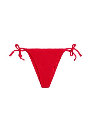 Red ribbed bikini bottom with tied side strings, laid flat on white background.