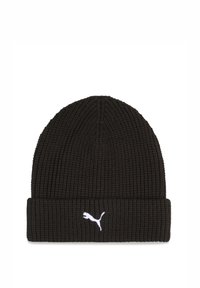 Black knitted beanie with folded cuff featuring a small white Puma logo centered on the cuff.