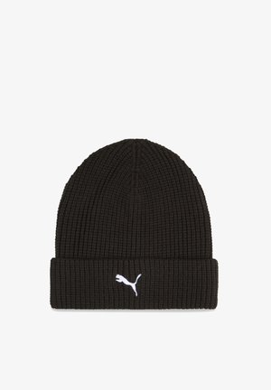 Juoda mezginė kepurė su sulankstytu kraštu, ant kurio centre yra mažas baltas Puma logotipas.