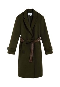 Abrigo de mezcla de lana verde oliva con cuello de solapa, cierre de un solo botón y un cinturón marrón brillante en la cintura. Cuenta con puños que se pueden enrollar.